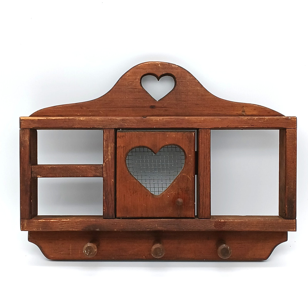Country Wood Knick-Knack Shelf with Center door and 3 Pegs - Heart Cutout VTG
